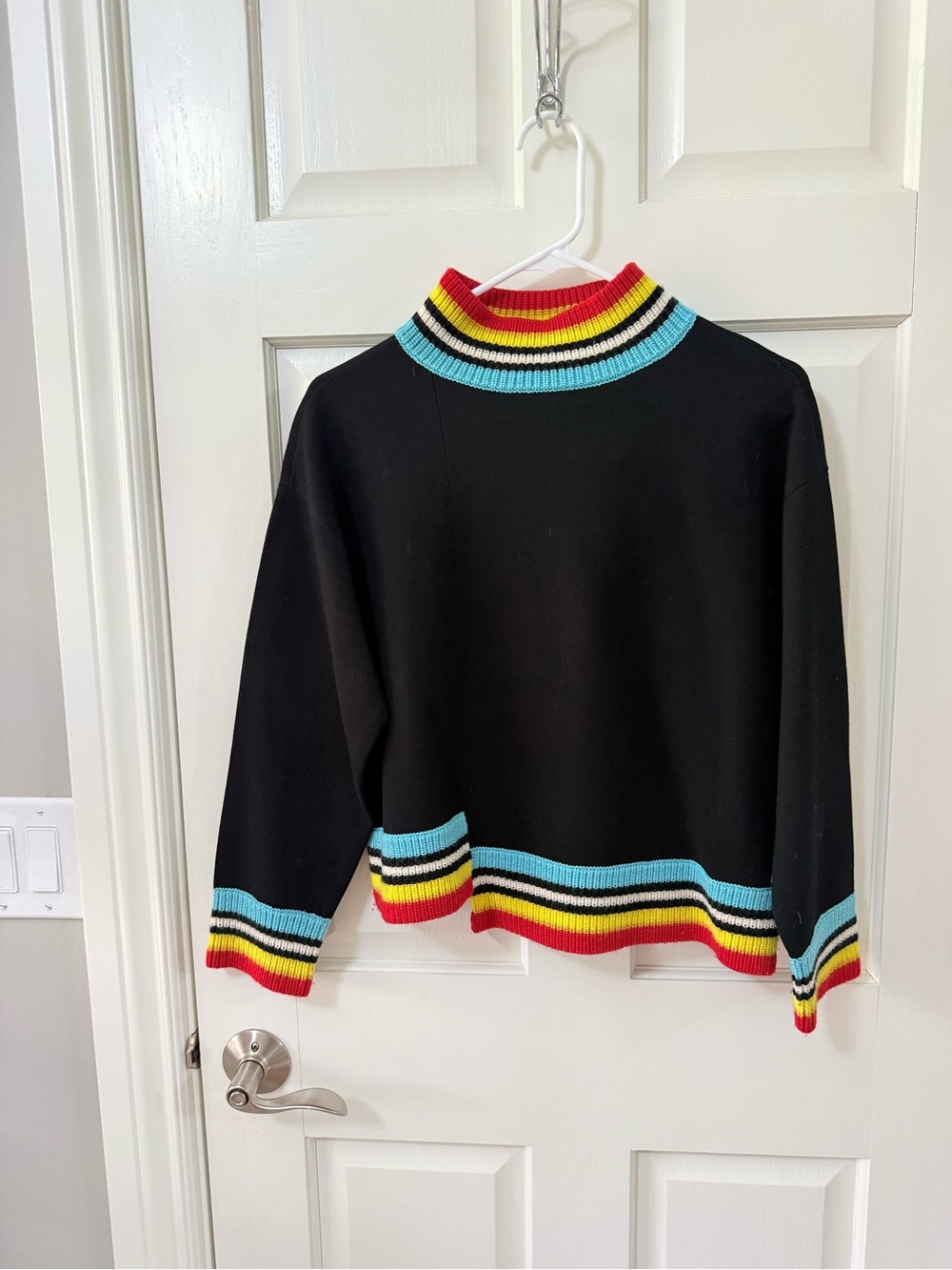 ALICE + OLIVIA | Black Sweater, Multicolor Stripe Trim